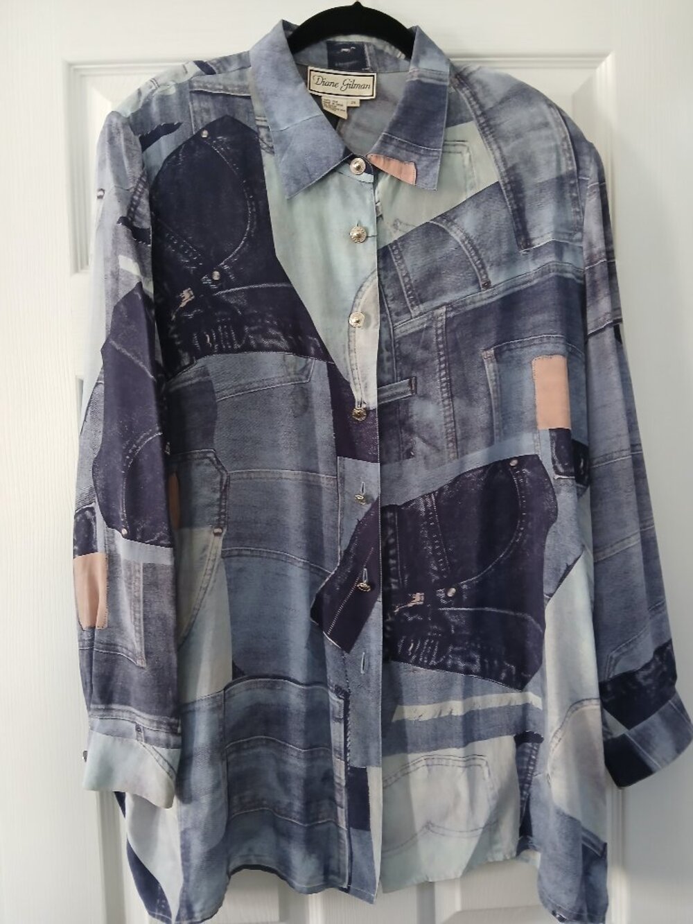 Diane Gilman Vintage Denim Patchwork Print Button Down Blouse Plus Size 2X